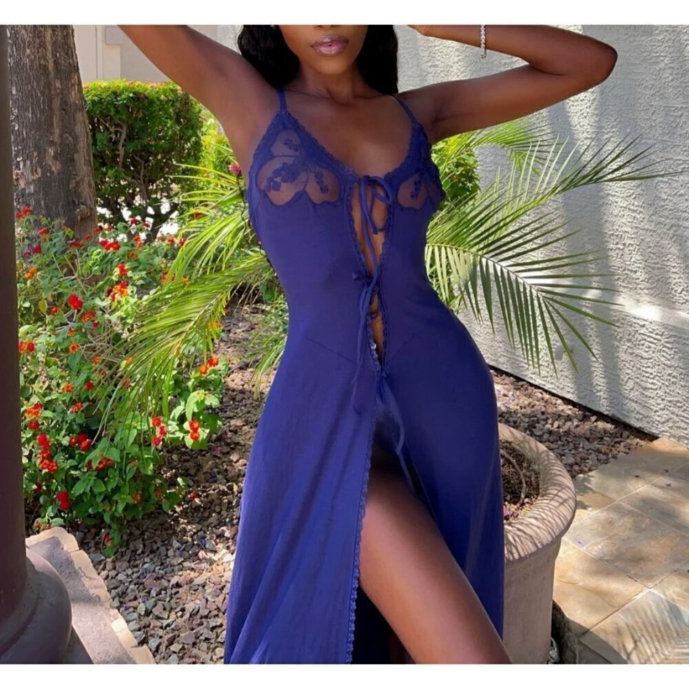 Savage X Fenty A Peek Behind the Lace Maxi Slip Navy Blue 1X